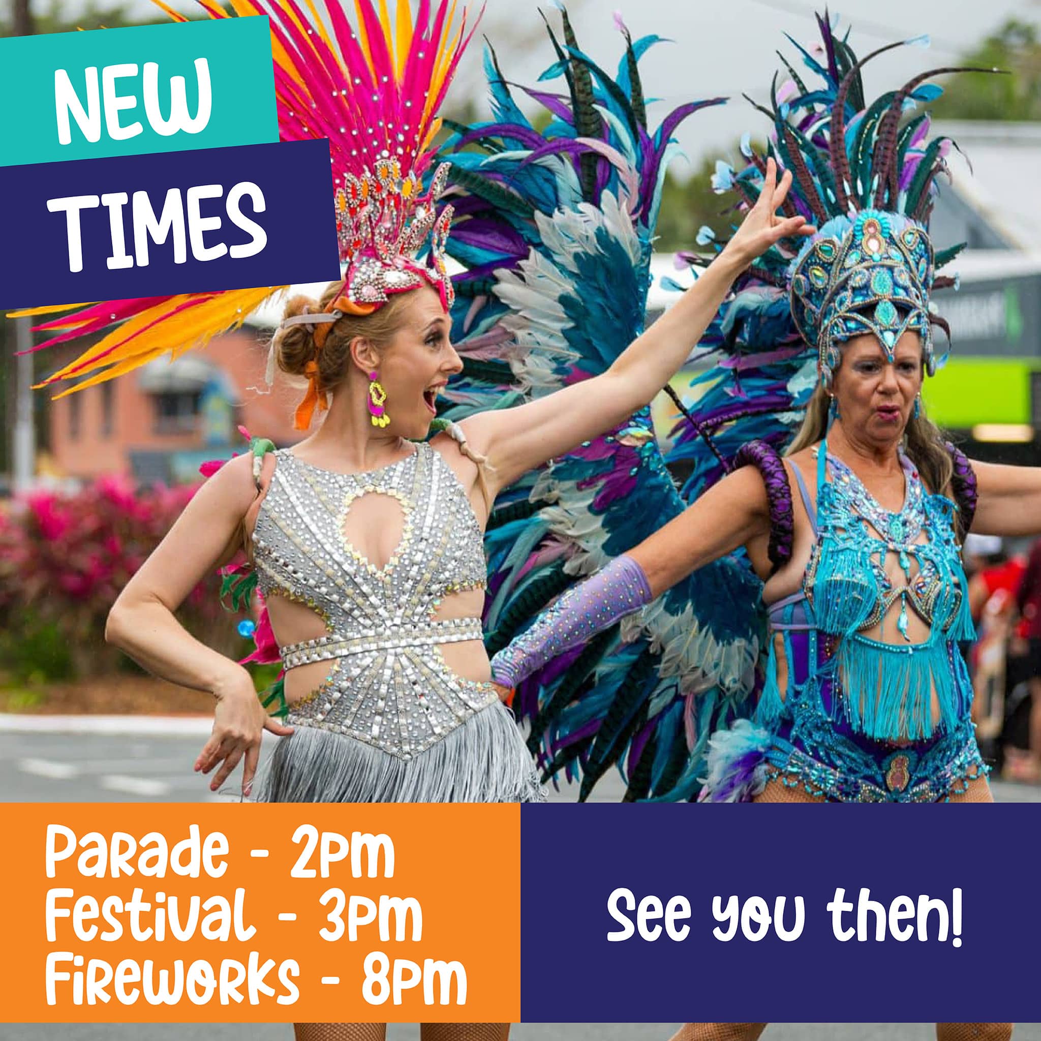 Destinations: Dancers in colorful carnival costumes with feathered headdresses during a parade; overlay panels show event times and festival info.